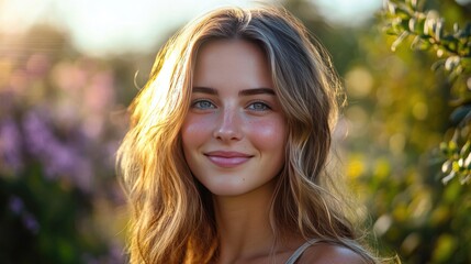 Fototapeta premium Golden Hour Beauty: A radiant young woman with long, flowing blonde hair smiles gently, bathed in the warm glow of the setting sun. Her natural beauty shines through in this captivating portrait. 