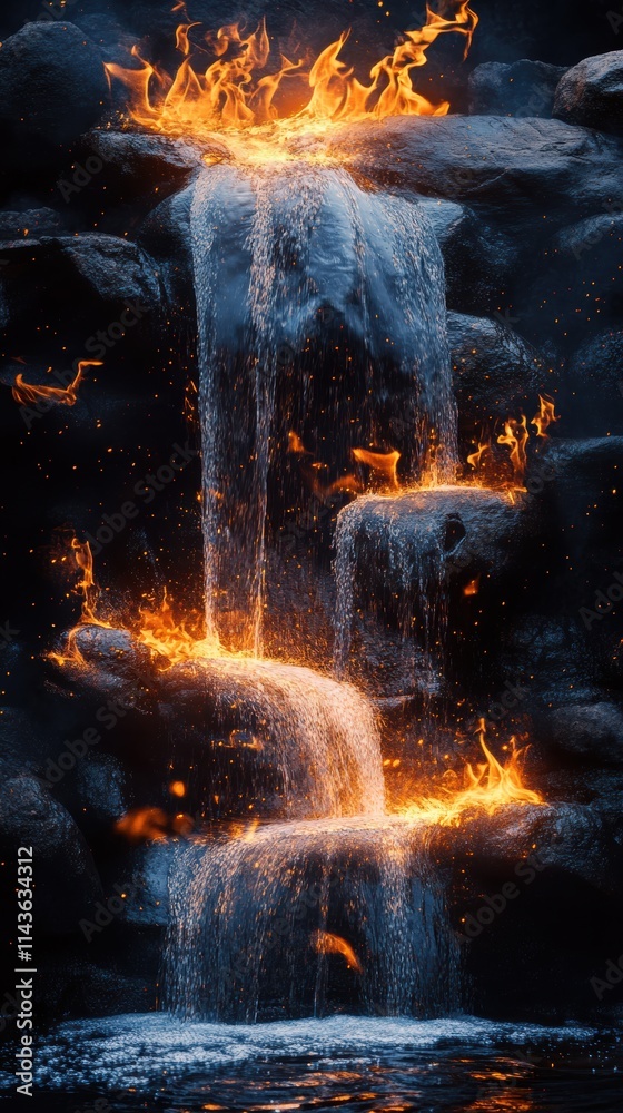 Poster Cascading water and flames create a striking double exposure effect in a natural setting