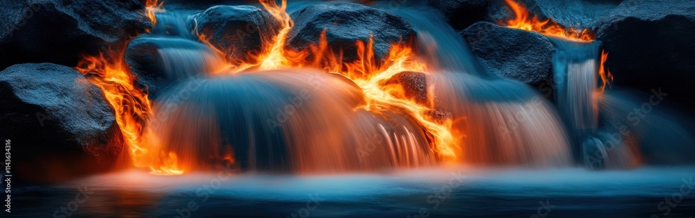 Poster water cascades down rocks in a stunning double exposure capturing motion and contrast during twiligh