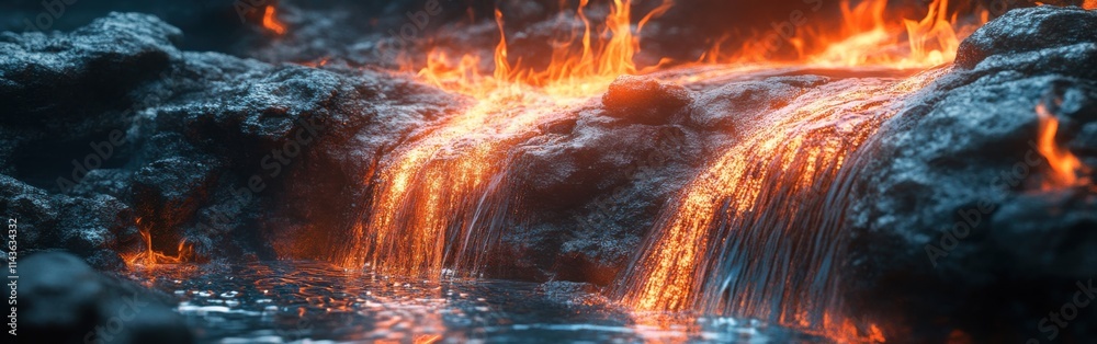 Poster Captivating double exposure of cascading water blending with vibrant fiery flows in a tranquil natural setting