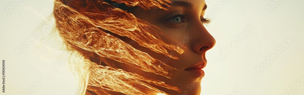 Poster double exposure effect showcasing a woman's face with ethereal overlays of light and texture at suns