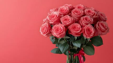 Lush bouquet of pink roses on coral background.