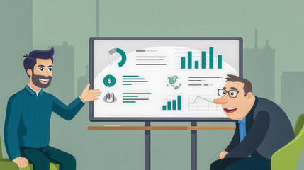 Businessmen discussing financial charts on a board, showcasing market statistics and analysis. Office business meeting, data presentation, strategic planning. flat illustration