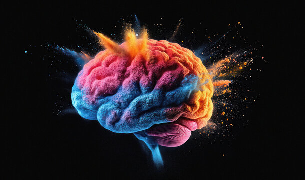 A colorful brain made of powder, explosive effect, black background