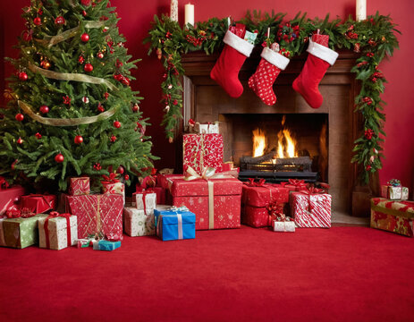 cozy room fireplace christmass tree with decorations toys 