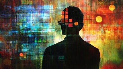 Digital Mind: Abstract Silhouette of a Businessman contemplating digital data streams 