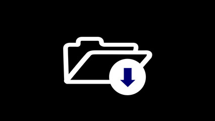 Document file downloading or transfer process with arrow icon. Simple download white folder icon on black background