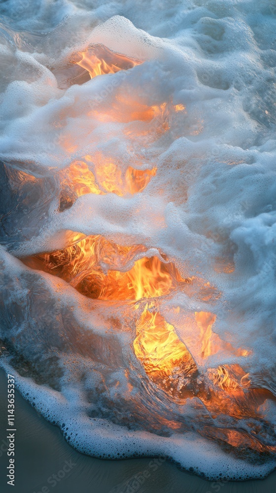 Aufkleber Dynamic interplay of firelight and waves on a tranquil beach at sunset creating a mesmerizing visual experience