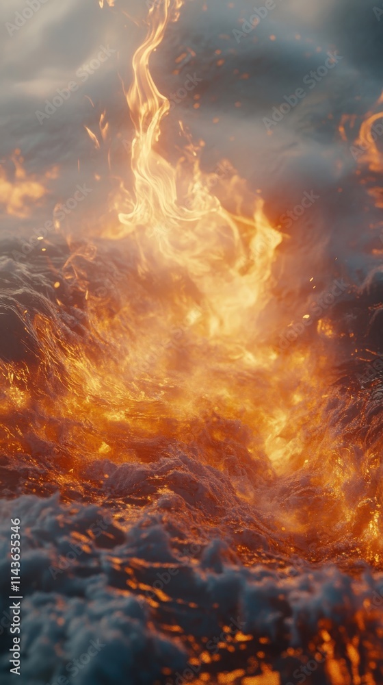 Poster close-up of mesmerizing firelight illuminating clouds at dusk near the shoreline
