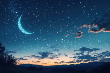 Naklejka premium A Crescent Moon, Stars, and Clouds Over a Silhouetted Mountain Range at Twilight