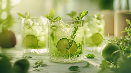 Refreshing Cucumber Mint Lime Drink in Sunlight