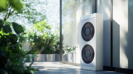 an outdoor air conditioner unit on the terrace outside a modern home with plants in the background. 