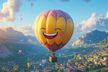 Fototapeta premium A hot air balloon with a smiling basket, floating above a colorful landscape
