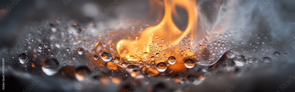 Poster close-up of a glowing ember surrounded by droplets highlighting the dance of fire and water in a dyn