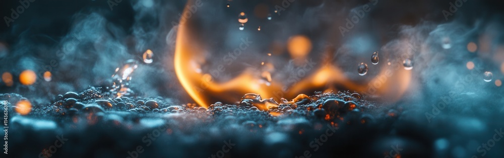 Poster Close-up of a burning ember surrounded by glistening droplets creating a captivating visual effect in low light