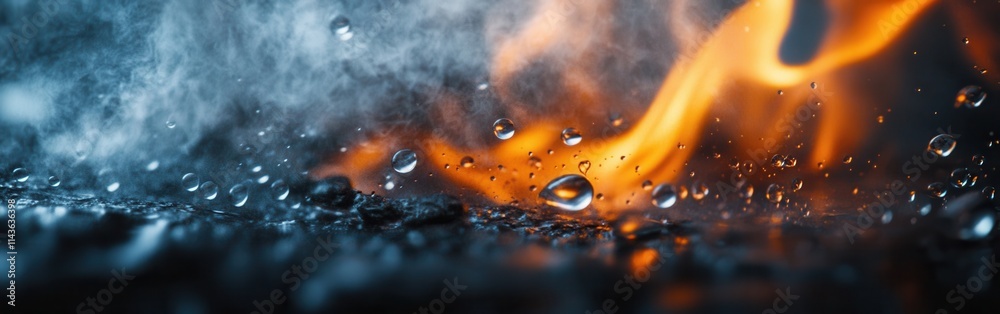 Poster close-up view of a burning ember surrounded by droplets in a dramatic display of heat and moisture