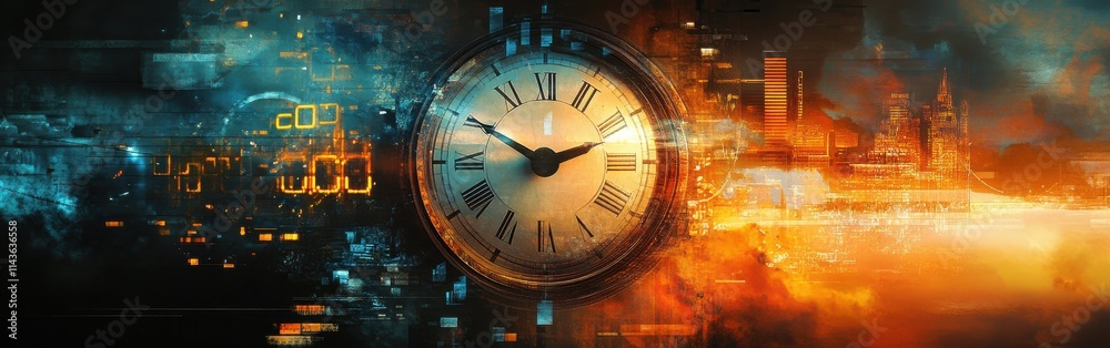 Aufkleber Classic analog clock displaying digital numbers against a vibrant background of technology and urban scenery
