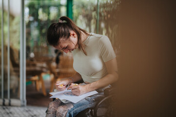 A young woman sits comfortably engaged in drawing, exuding joy and creativity in a serene home...