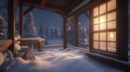 Winter Cabin Window View: Snowy Landscape