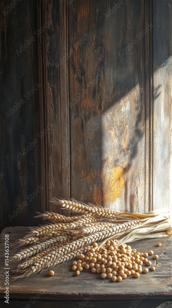 Aufkleber bountiful harvest of corn cobs and wheat highlighted by soft sunlight in a rustic setting