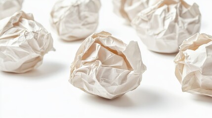80.Isolated image of several crumpled paper balls on a bright white background, each showing its own unique folds and textures. The random arrangement of the balls creates a natural look, with soft