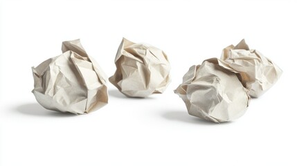 80.Isolated image of several crumpled paper balls on a bright white background, each showing its own unique folds and textures. The random arrangement of the balls creates a natural look, with soft