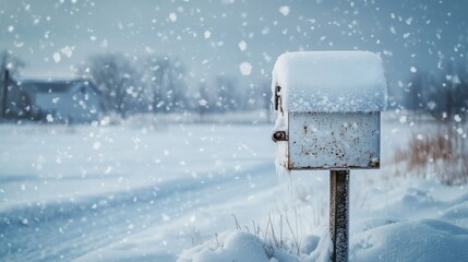 Fototapeta premium 44.A snow-covered mailbox leaning slightly from the weight of accumulated snow, with large snowflakes falling around it in a soft, white haze, set against a distant snowy landscape, emphasizing the