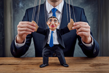 A businessperson with puppet strings controlling their limbs, symbolizing lack of autonomy in high-stress environments
