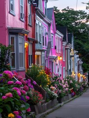 Colorful houses line a quiet street at dusk, vibrant flowers blooming in front.