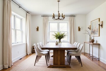 Fototapeta premium Elegant dining room with wooden table, white chairs, and natural light.