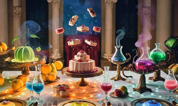 A fantastical scene with a table filled with various magical objects and potion bottles, creating a mystical and enchanting atmosphere.