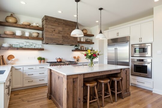 Modern rustic kitchen with wooden island and stainless steel appliances in bright interior.