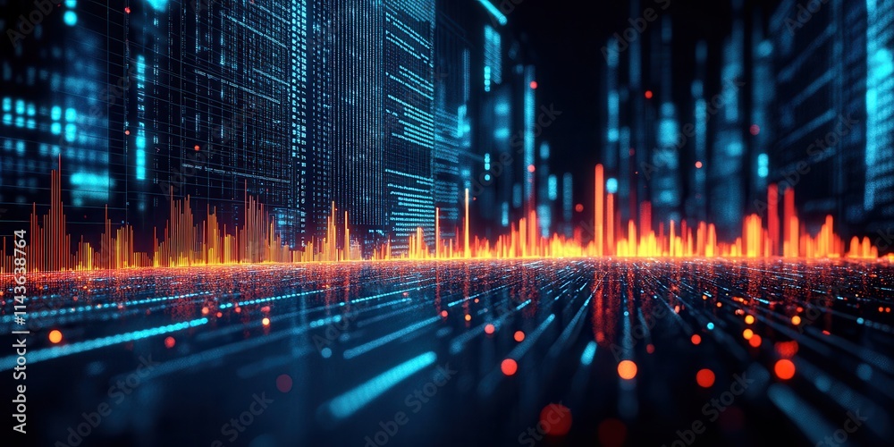 Poster a vibrant, abstract visualization of sound waves in a digital landscape, showcasing energy through b