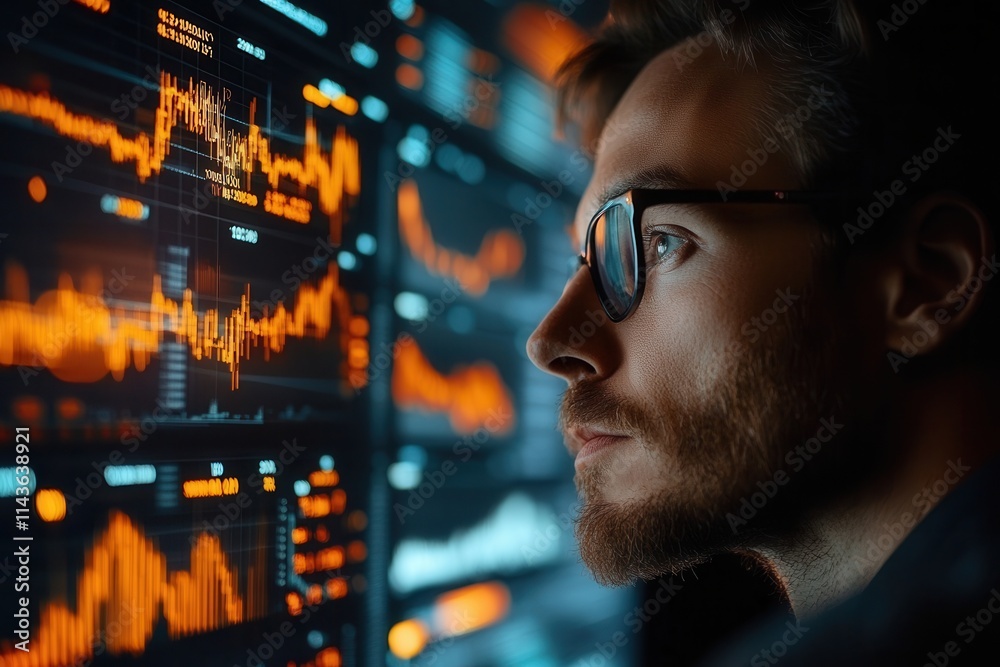 Poster A focused individual analyzes vibrant data visualizations on screens, showcasing insights into analytics and technology.