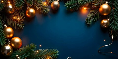 Christmas Festive card. Frame borders made of gold balls, twinkling lights, flat lay copy space, decorations, Luxury styleTop view dark blue background.
