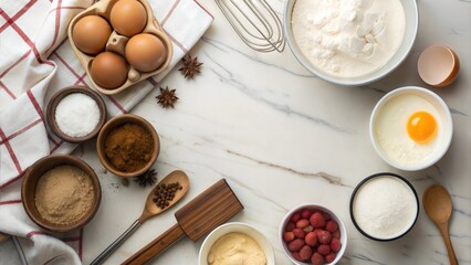 Lay flat top view kitchen ingredient bowl egg flour butter rolling pin measuring tool whisk marble countertop blank space text copy 