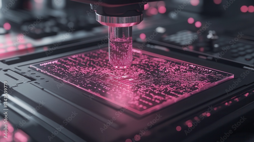 Aufkleber A close-up of a precision instrument working on a circuit board, showcasing glowing pink patterns, highlighting advanced technology and electronics.