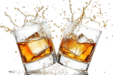 two glasses of whiskey with ice cubes clinking together creating a splash of liquid