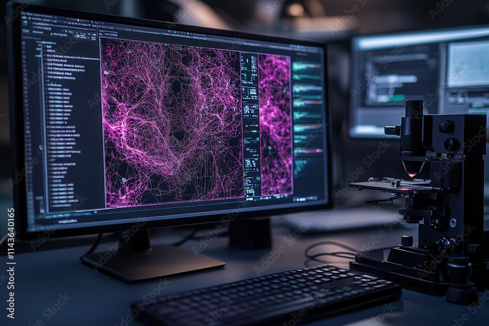 Poster A high-tech laboratory setup featuring a microscope and monitors displaying vibrant biological data, emphasizing advanced research and analysis.