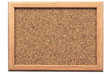 a brown corkboard in a simple wooden frame. isolated on a transparent background the corkboard is empty. with a textured surface