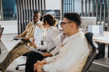 A group of business professionals interacting and sharing ideas during a corporate meeting. The scene captures teamwork, diversity, and collaboration in a modern office environment.