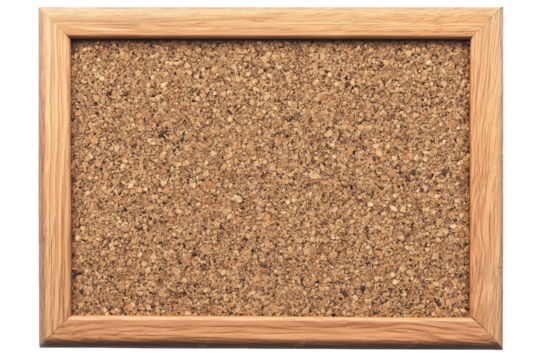a brown corkboard in a simple wooden frame. isolated on a transparent background the corkboard is empty. with a textured surface