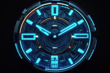 A futuristic glowing digital clock with vibrant blue neon highlights