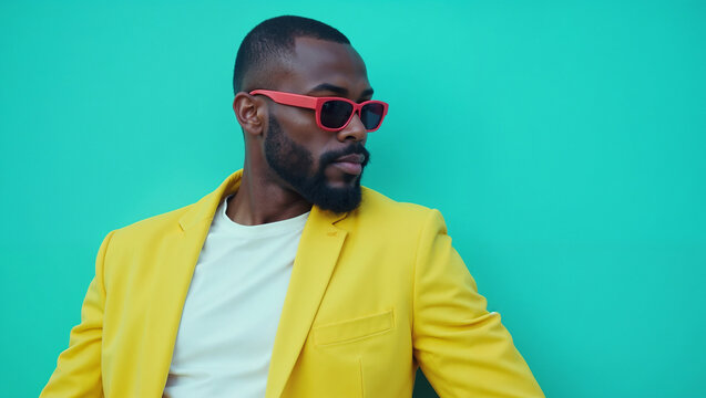 Confident African American man in yellow blazer and red sunglasses against turquoise background