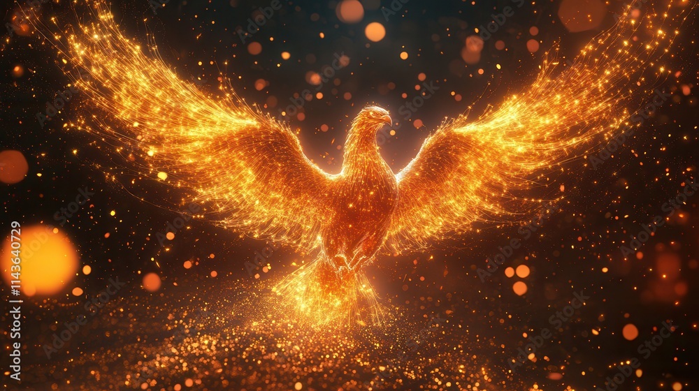 Poster a majestic phoenix rises with shimmering golden feathers, surrounded by glowing particles, symbolizi