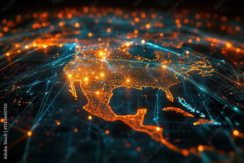 Fototapete A vibrant digital map of Asia illuminated with glowing connections, representing data flow and technological networks.