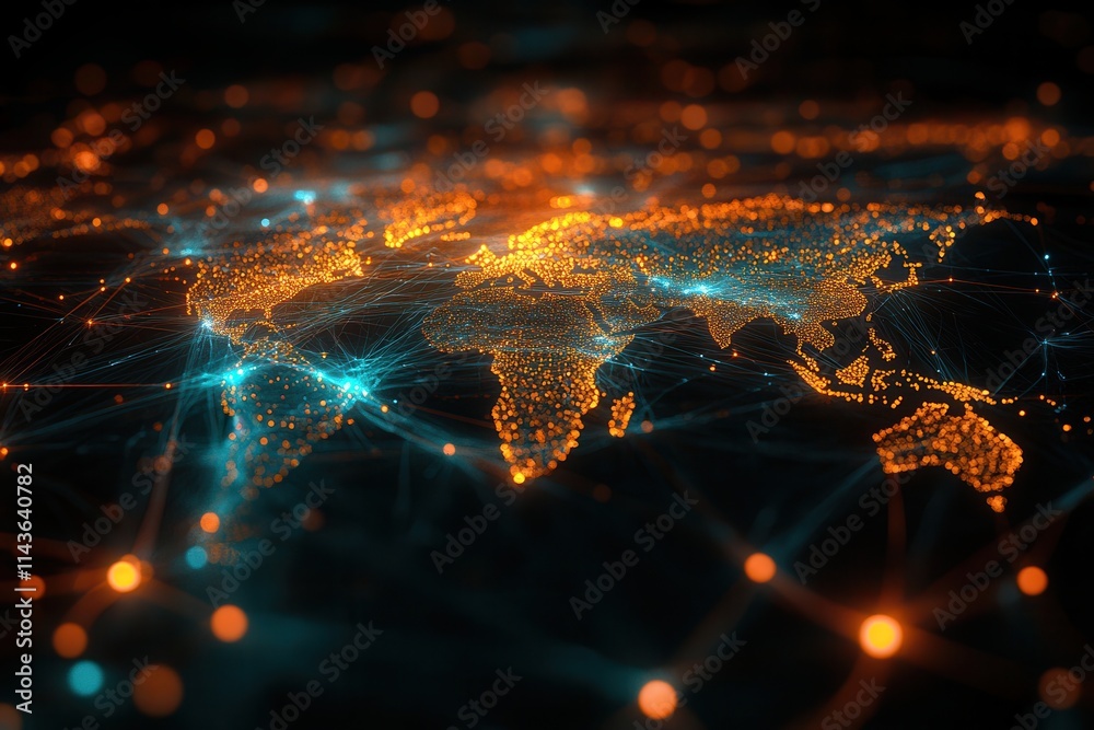 Poster A vibrant, illuminated map of Asia, showcasing interconnected networks and data flow through glowing lines and nodes.