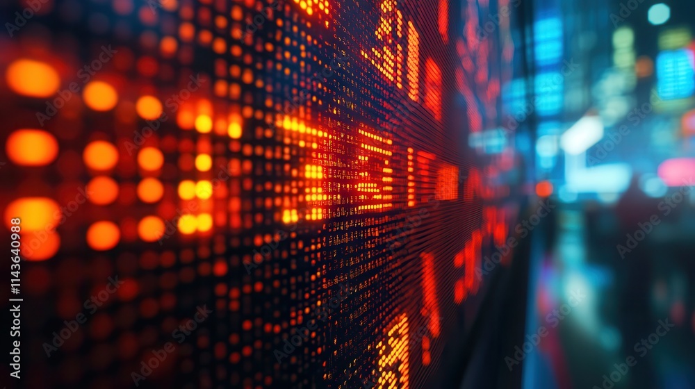 Poster a close-up of a digital display showing stock market trends with red and orange indicators, conveyin