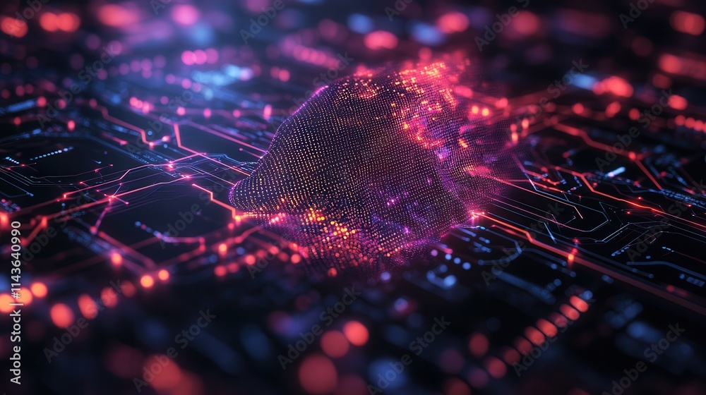 Poster a vibrant digital landscape showcasing a cluster of glowing particles on a circuit board, symbolizin