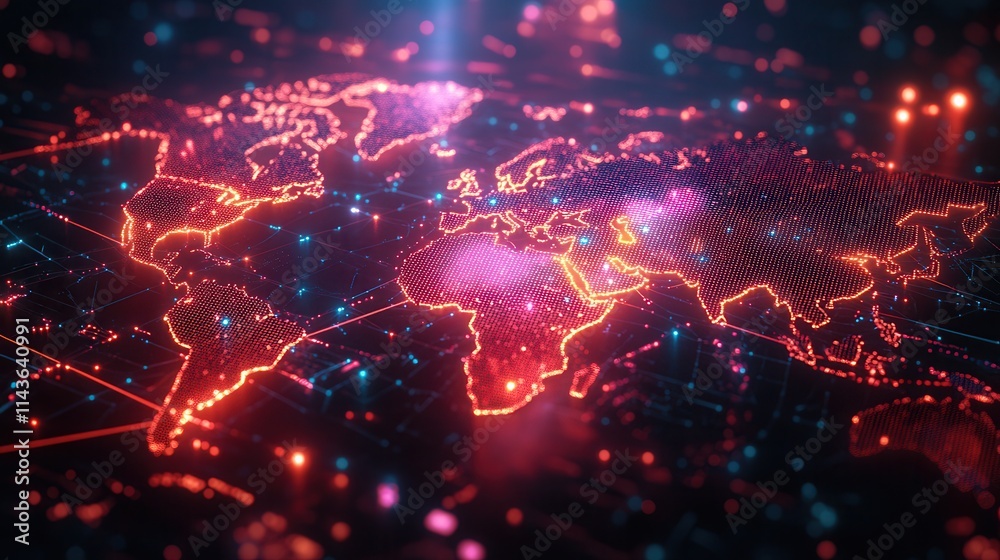 Poster a vibrant, digital representation of a world map illuminated with neon colors, showcasing interconne